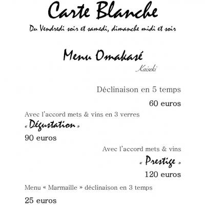 Menu Omakasé Kaiseki Déclinaison en 5 temps