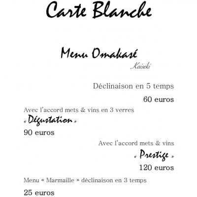 Menu Omakasé Kaiseki Déclinaison en 5 temps